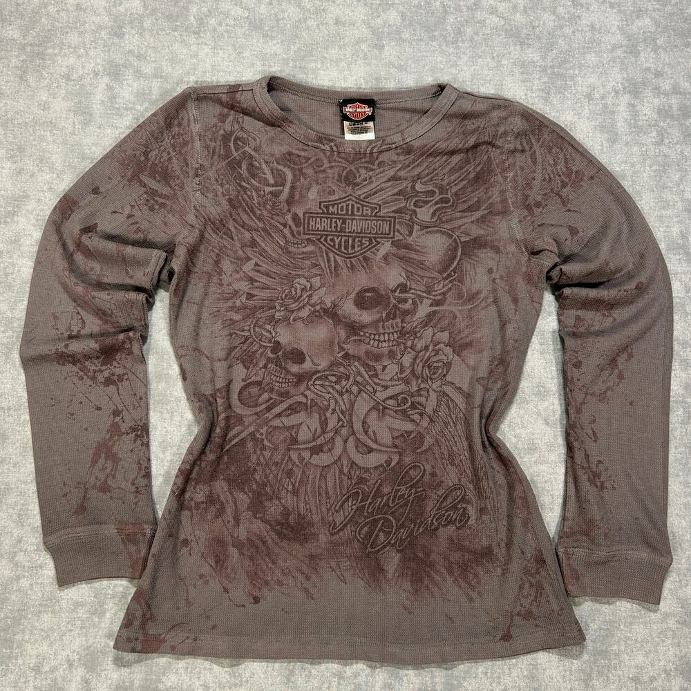 Harley Davidson Skull Roses AOP Graphic Long Sleeve Thermal Shirt Gray Womens XL